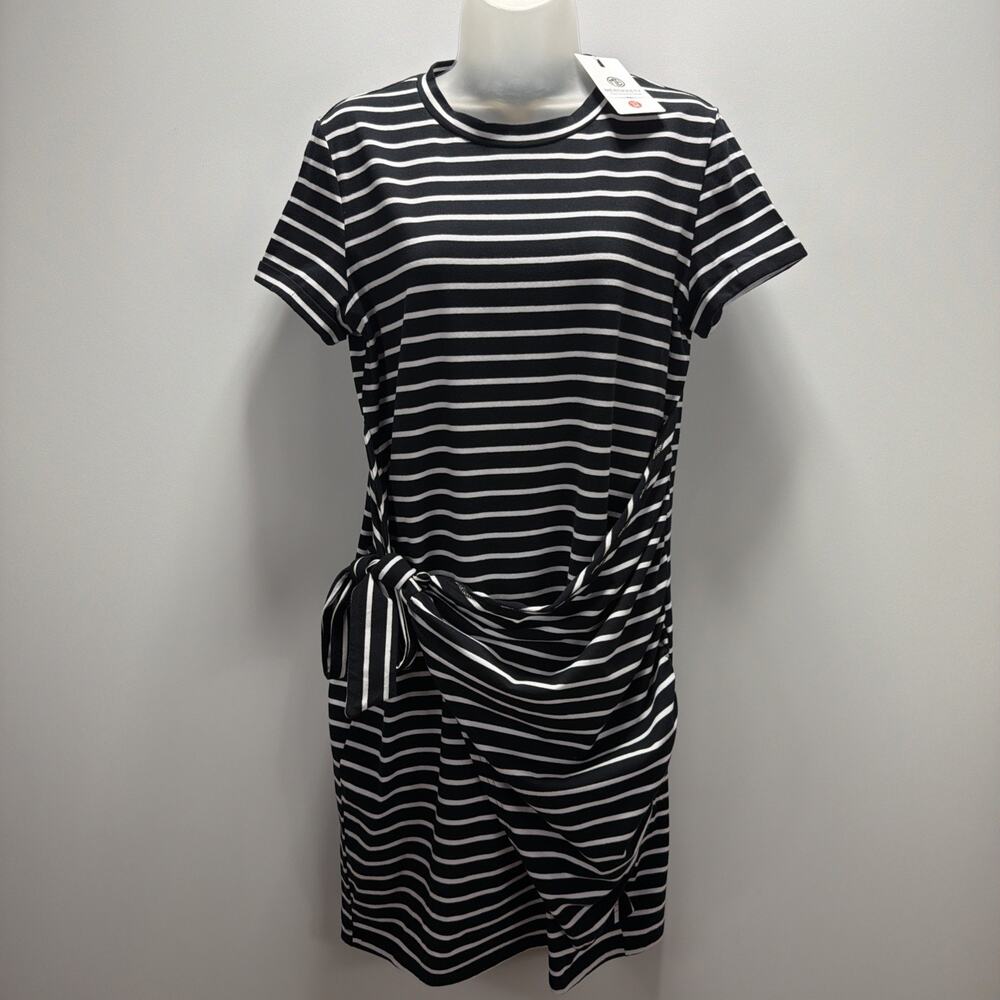 NWT Merokeety Blue White Stripe Short Sleeve Tie Waist Stretch Dress SIZE M